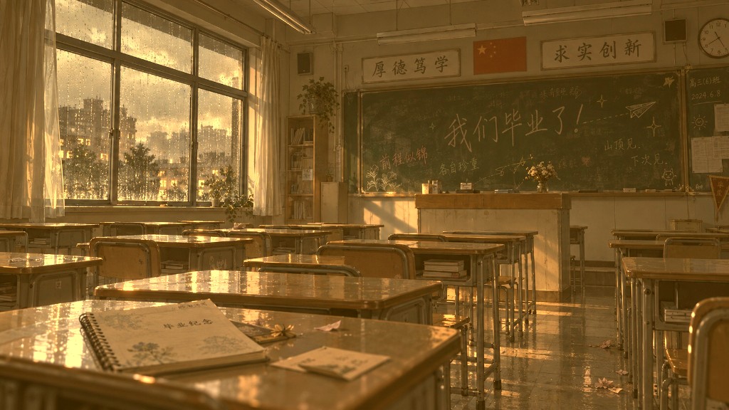 晚自習結束後的夕陽教室美術